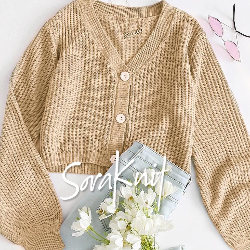 Cardigan Crop Top Rajut Wanita Korea Style Lengan Balon Panjang Kardigan Oversize Tebal Jumbo Premiu