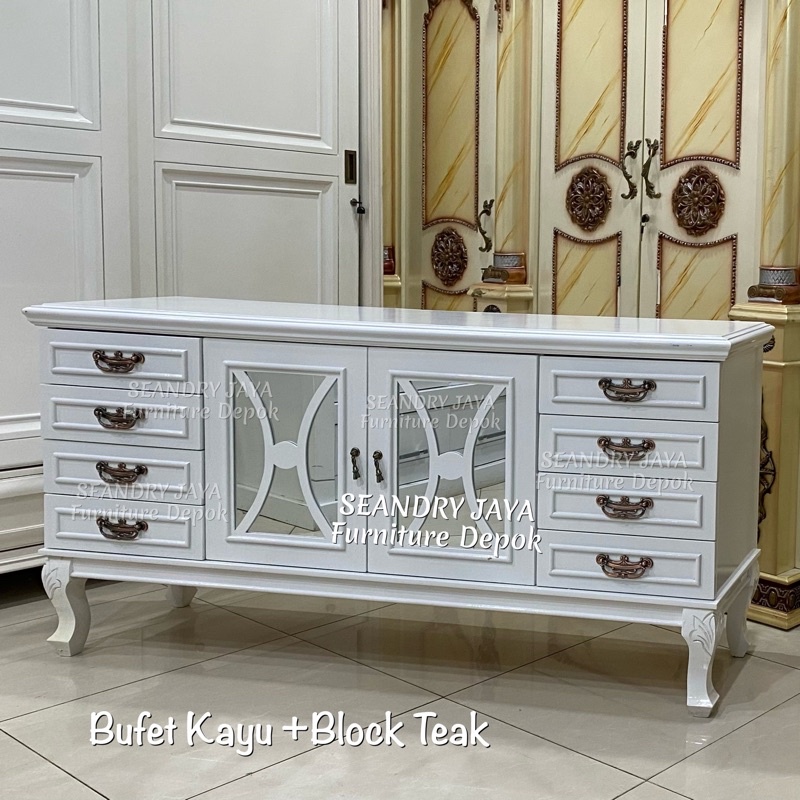 Bufet pendek clasik ukir minimalis putih/meja serbaguna/rak tv serba guna/lemari pajangan/promo mura