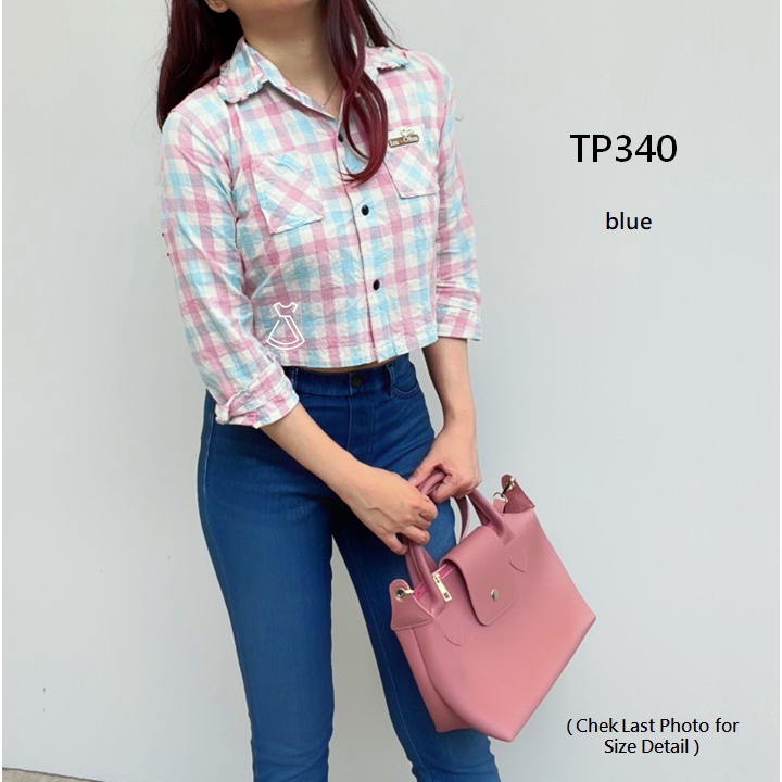 TP340 - ATASAN KEMEJA FLANEL WANITA CROP TOP KOREAN IMPORT