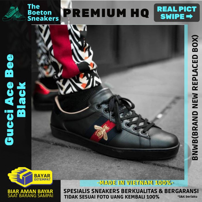 Sepatu Sneakers Wanita Gucci Ace Bee Black Original GUCI Sneaker Pria Premium BNIB Import Murah