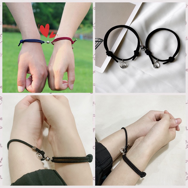 2PCS/Pair（1 Sepasang）Gelang tali Buatan model kepang dengan magnet gelang couple pasangan bracelet persahabatan hitam tangan wanita dan pria gelang inisial