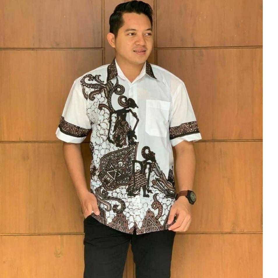 (MENARIK) KEMEJA BAJU BATIK PRIA LENGAN PENDEK MODERN SERAGAM COWOK KERJA KANTOR MOTIF WAYANG WARNA 