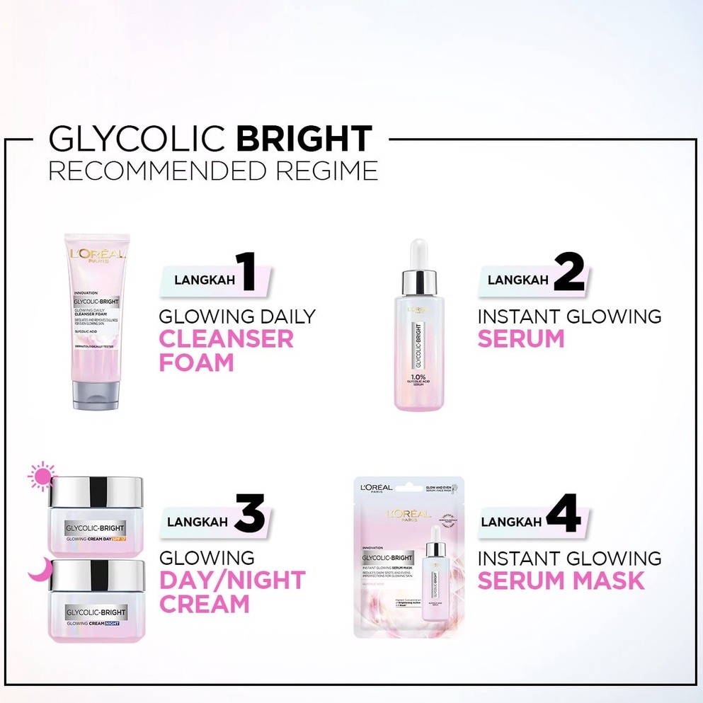 ☘️Yuri Kosmetik☘️ Loreal Glycolic Bright Glowing Daily Series New Skin Care Series !! / Loreal Skin Care / Glycolic Foam 100ml / Glycolic Serum / Glycolic Masker / Glycolic Day Cream / Glycolic Night Cream