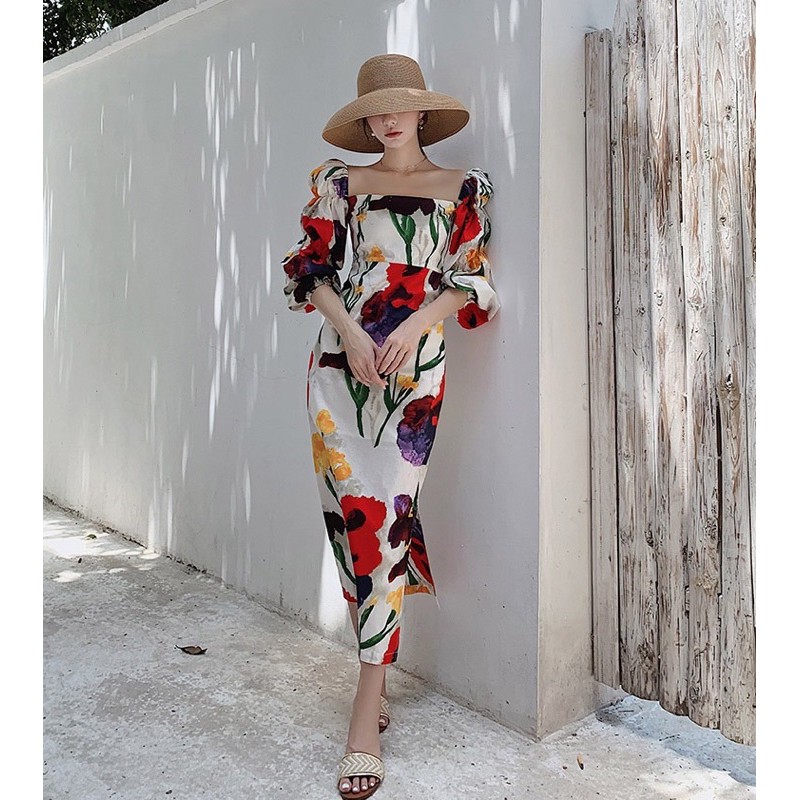 Jual JEJU KOREAN FLORAL VINTAGE MIDI DRESS / KOREAN DRESS FLORAL