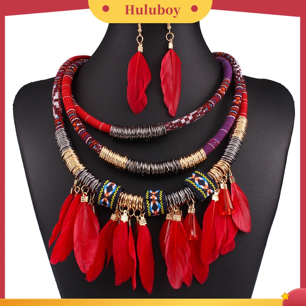 Hu Hu Hu Hu Hu Alat Bantu Pasang Kacamata♡ 2pcs / Set Kalung Anting Rumbai Bulu Multilayer Bahan Alloy Gaya Bohemian Etnik Untuk Aksesoris Perhiasan