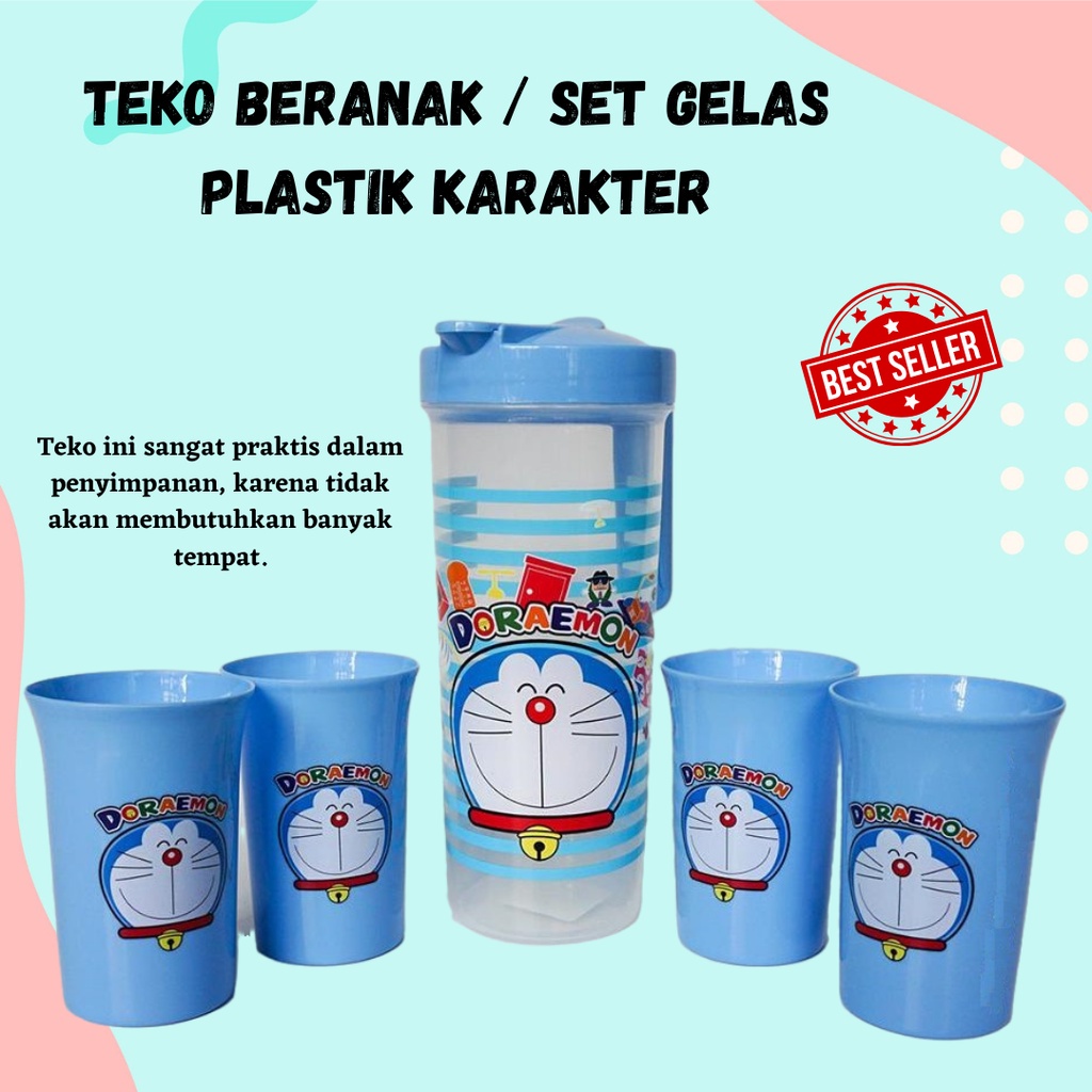 Teko Set Gelas Plastik 5 in 1 / Teko beranak Set 5 Motif Imoet / Teko Gelas / Teko Beranak Set Cangk