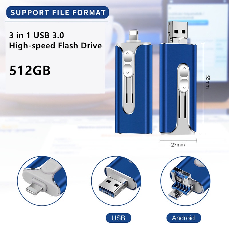 3 in 1 USB Flash Drive 512GB Portable Bahan Metal Untuk Handphone / PC