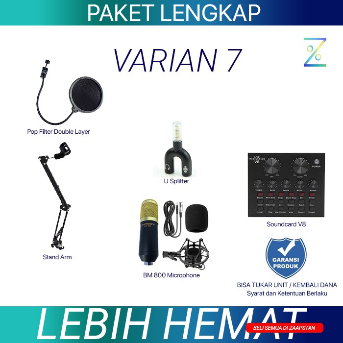 PAKET MIC STREAMING KARAOKE RECORDING, Mic BM 800, Pop Filter, Arm Stand, Holder HP, V8 Soundcard