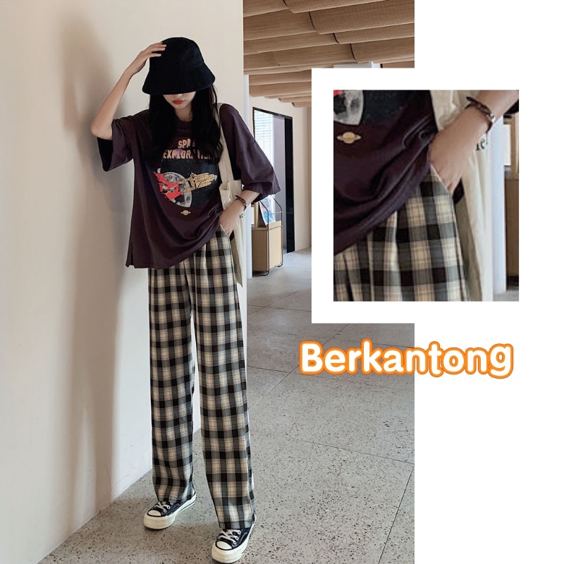 Celana Tartan Wanita Korean Style Celana Longgar Wanita Celana Wanita Terbaru