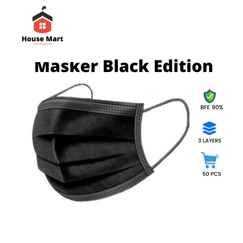 Masker 3 Lapis Khusus Hitam Mask Black Adition Earloop Hitam 3 Ply isi 50Pcs