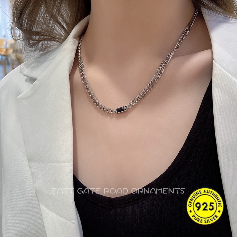 Kalung Rantai Sterling Silver 925 Dengan Liontin Batu Onyx Hitam Bentuk Kotak Untuk Wanita