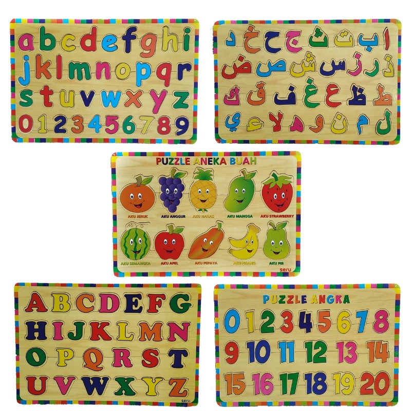 Paket Puzzle Kayu Special Edition Isi 5 / Hijaiyah / Huruf Kecil / Huruf Besar / Angka / Buah / COD