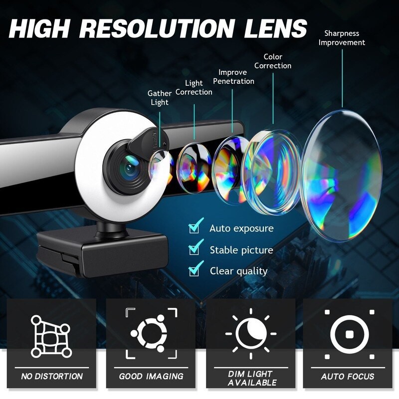 Webcam Camera Full HD 2K Auto Focus Camera USB Ring Light Matrix B12