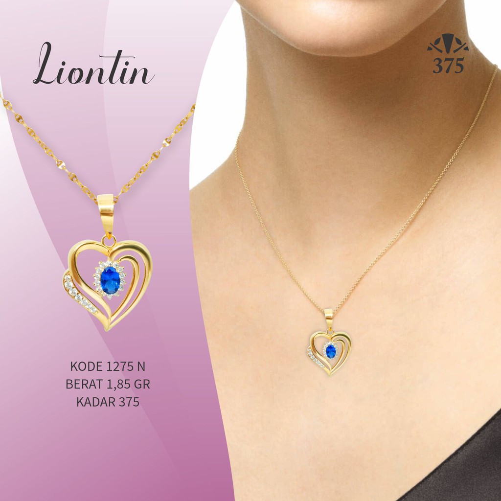 LIONTIN HATI BATU BIRU EMAS ASLI