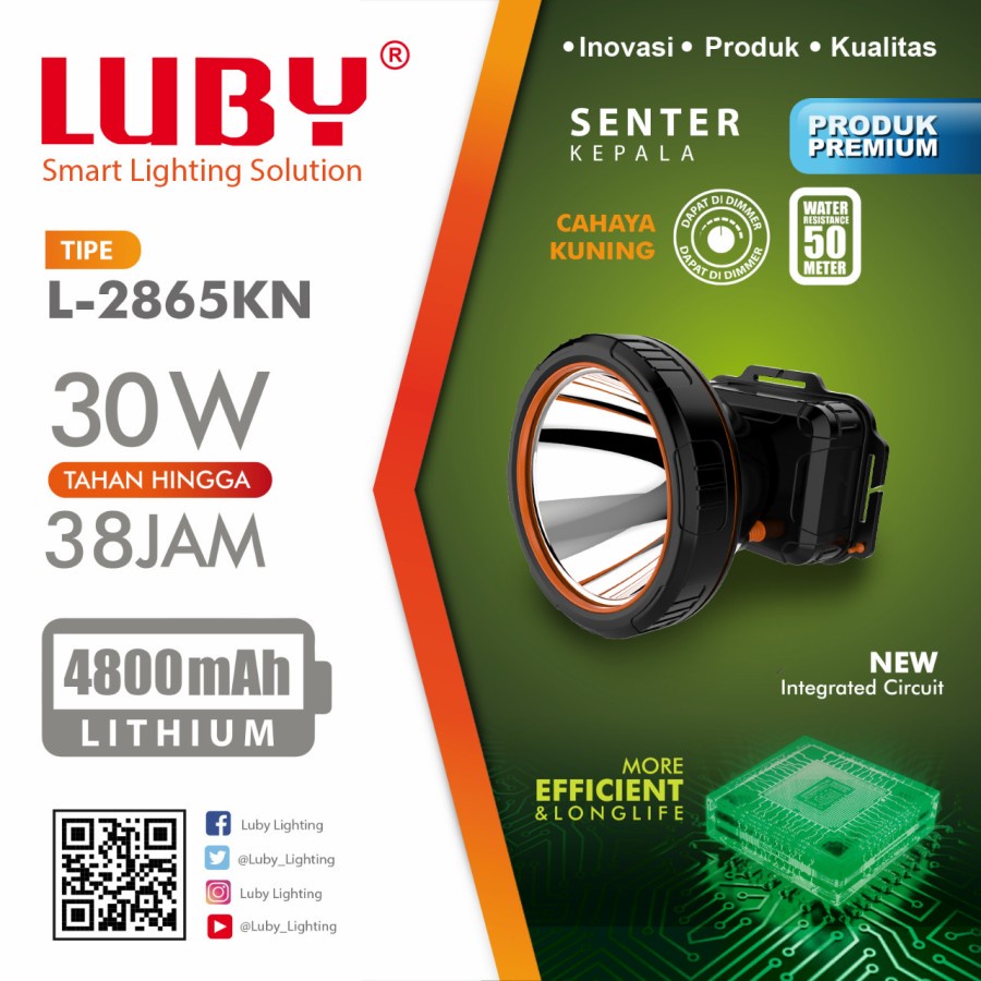 Senter Kepala LED Luby 30 Watt L-2865KN Kapsitas Baterai Cas 4800mAh Cahaya Kuning Original