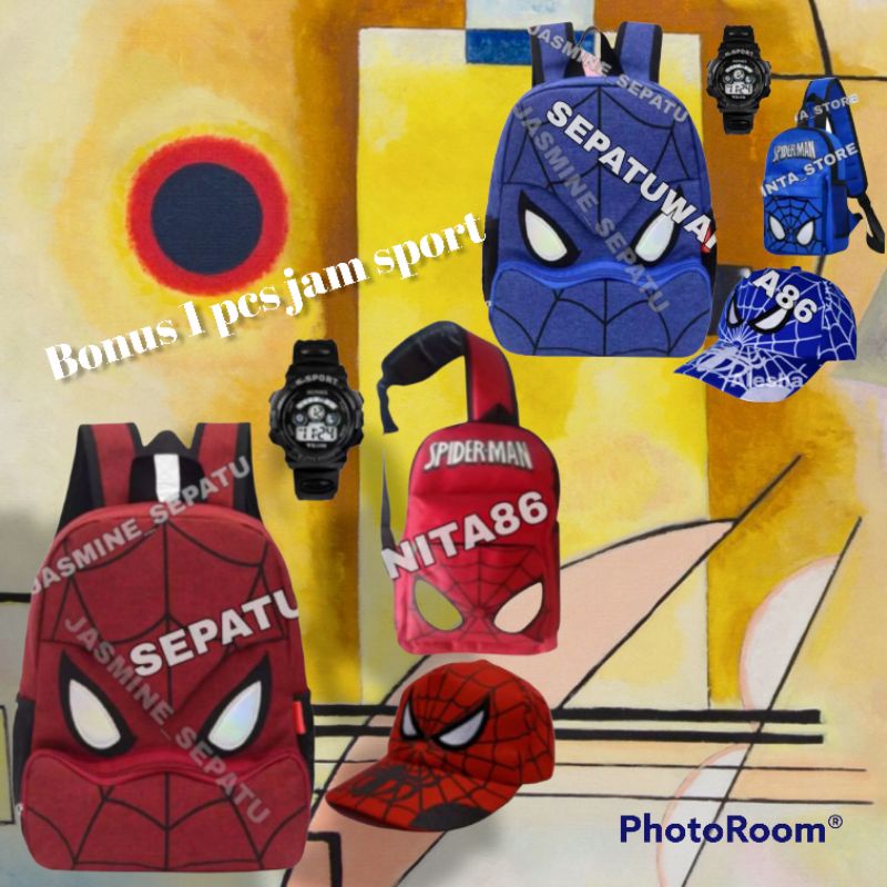 Tas ransel anak sekolah laki laki karakter Spiderman/ bonus jam sport keren