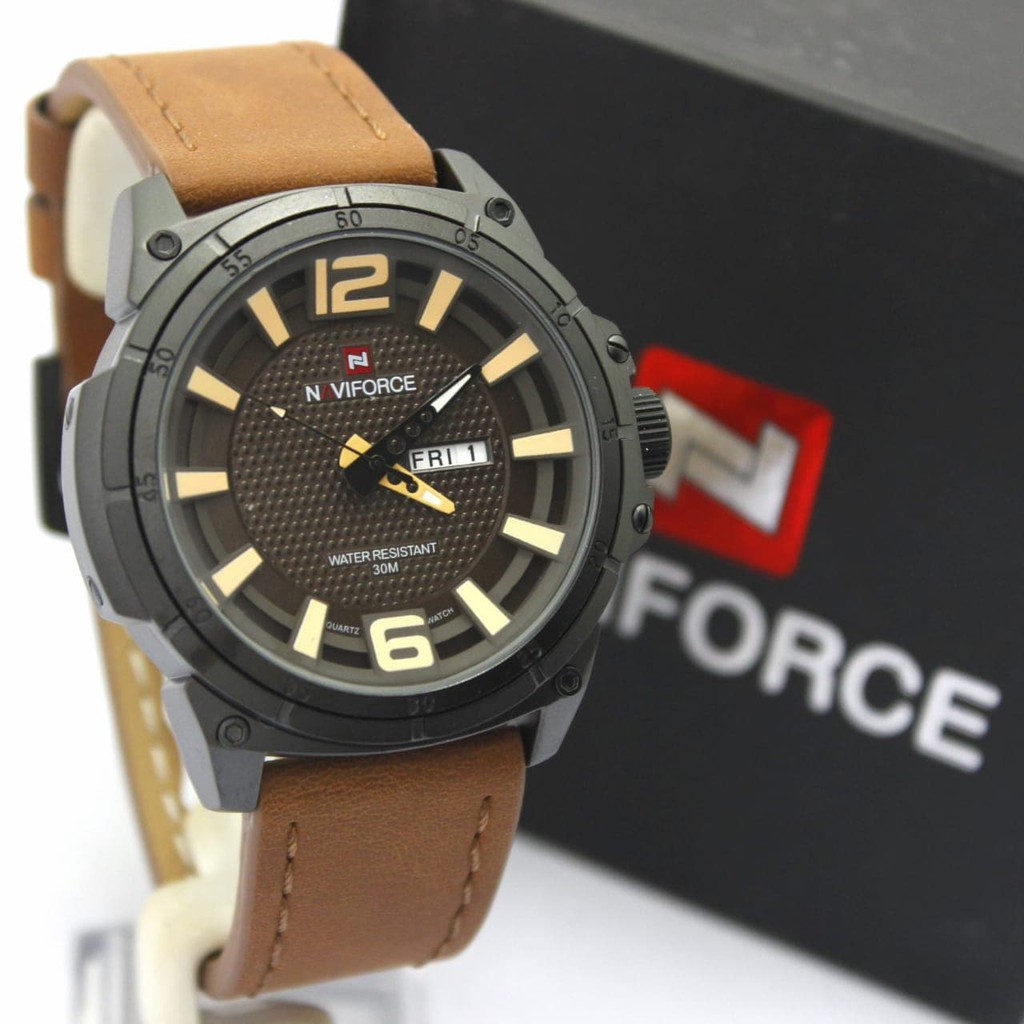 Campana Jipijapa Jam Tangan Pria / Cowok Naviforce NF9066M Original Leather Dark Brown