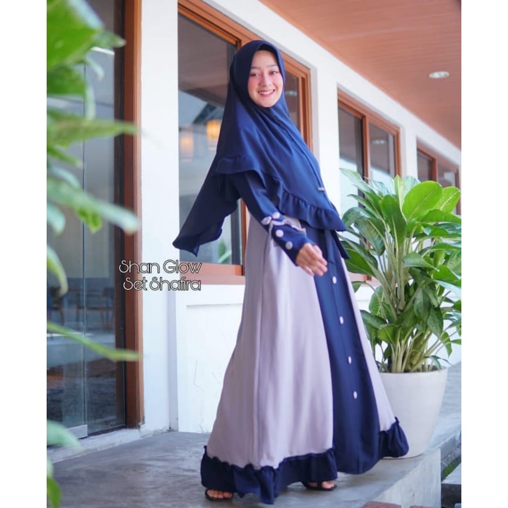 gamis Shafira maya shan glow one set khimar model kancing terbaru remaja dress muslim