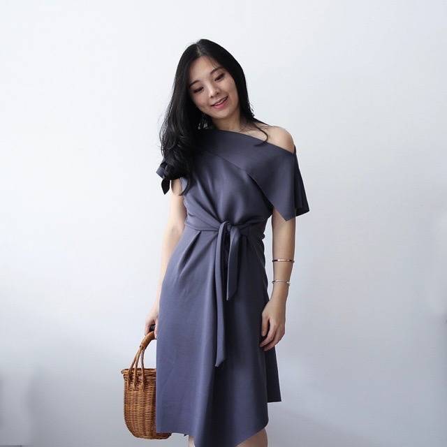 DRESS POPLIN (Coksu,Maroon,Army,Navy) Dress casual one-shoulder pesta kondangan hangout hits murah