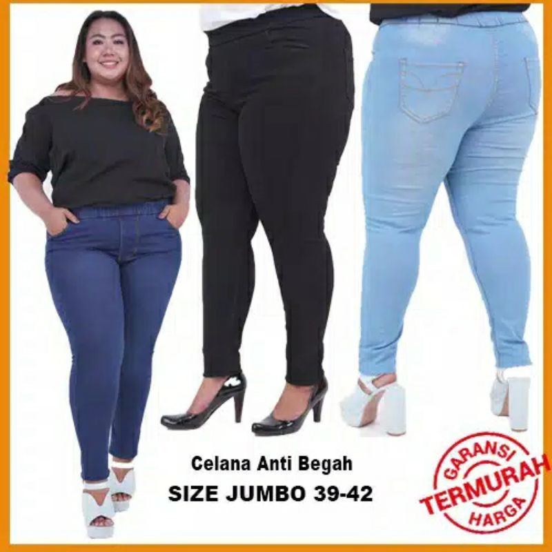 Leging jeans jumbo wanita jeans pinggang kolor rip jeging jeans jumbo celana panjang wanita big size