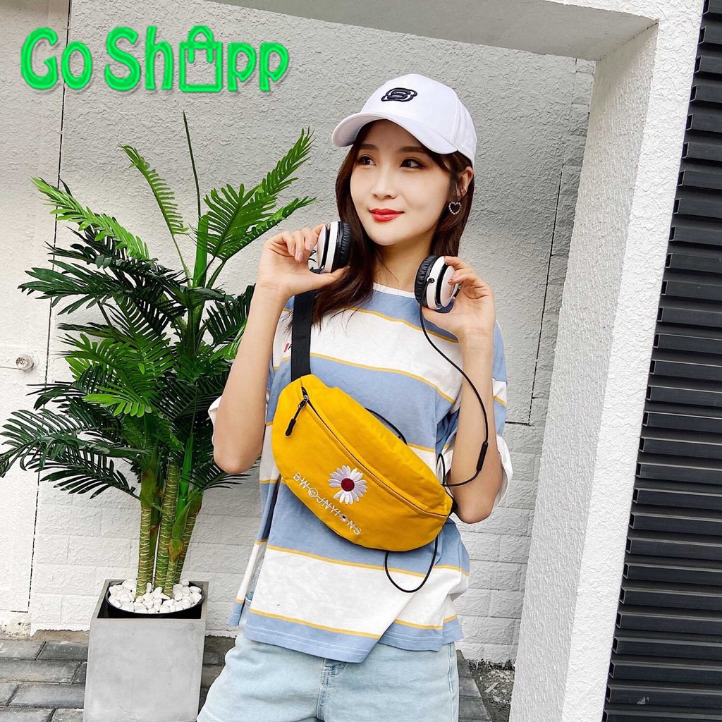 Waist Bag kanvas Motif Bunga Krisan Bordir - Tas Pinggang Kanvas Import - Waistbag Korea [WB03]