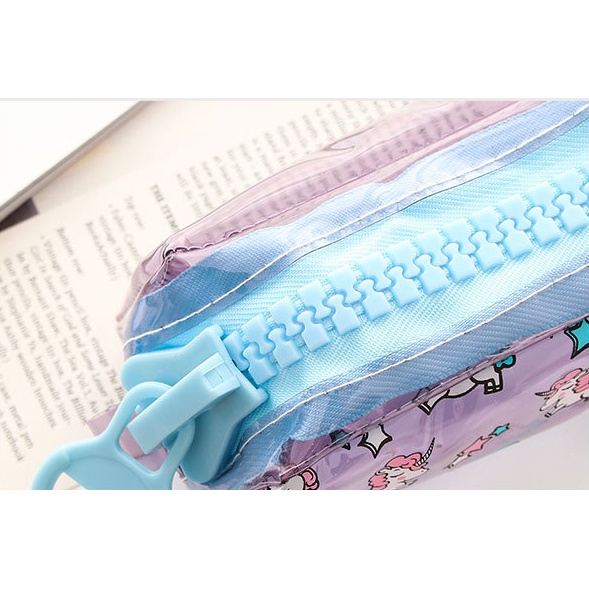 Tempat Pensil Unicorn JUMBO TRANSPARAN / Tempat Alat Tulis Besar Unicorn Tembus Pandang Transparan / Tepak Pensil Kartun Kuda Bertanduk / Wadah Serbaguna Gambar Unicorn