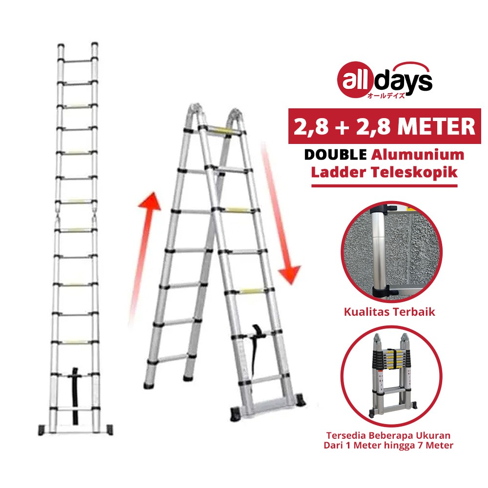 Alldays 2 in 1 Tangga Lipat Teleskopik DOUBLE STRAIGHTABLE 2,8 + 2,8 METER Alumunium Ladder Bahan Kuat, Praktis, Simple