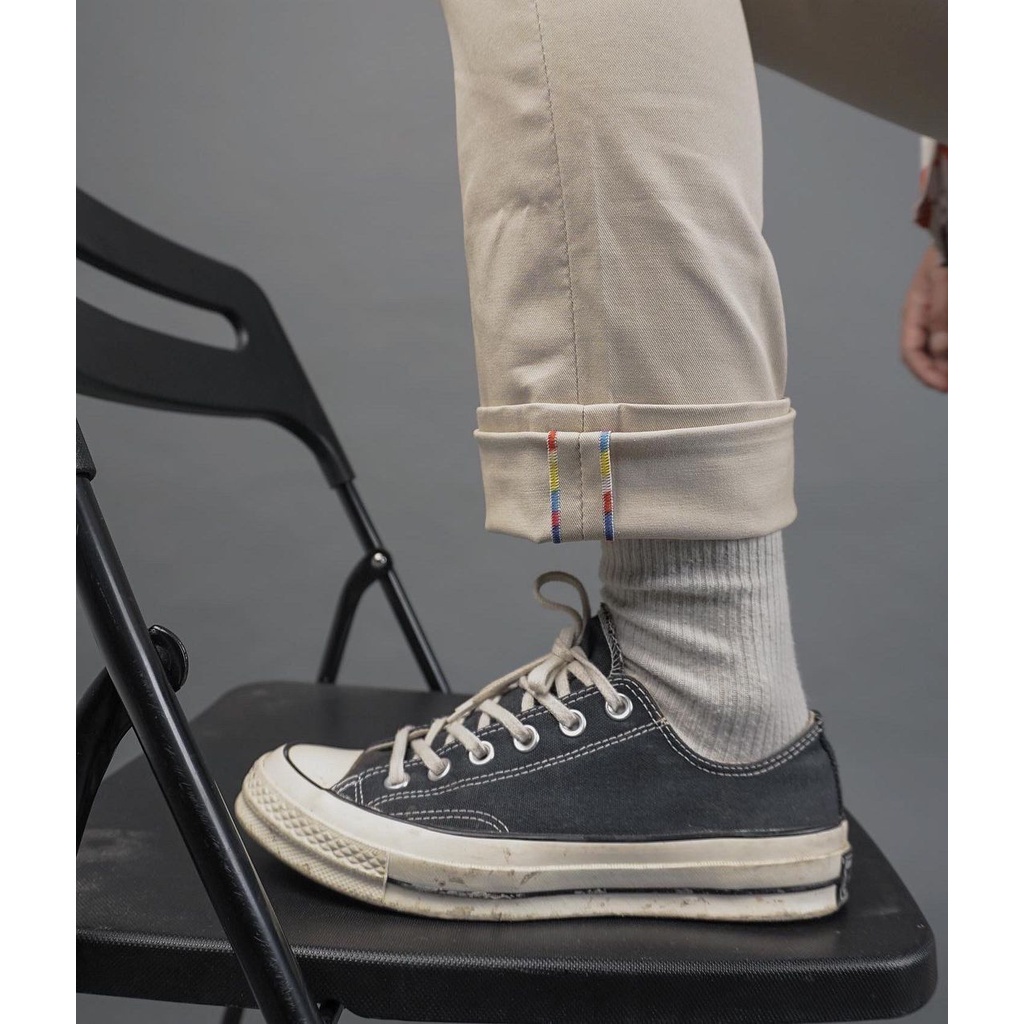 CELANA PRIA SVGE DENIM "PRISMA" CREAM CHINO PANTS RAINBOW ACCENT SELVEDGE | CELANA PRIA DAN WANITA