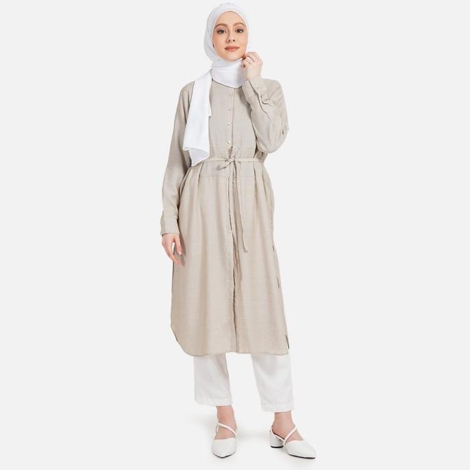 QUEENSLAND KEMEJA TUNIK WANITA FASHION MUSLIM LIN000076Q CREAM DFGD65465