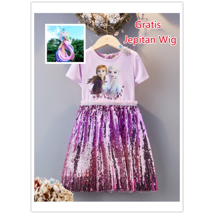 Baju Dress Anak Princess Frozen Elsa Anna Sequin Sparkle Impor - Pink, 100cm