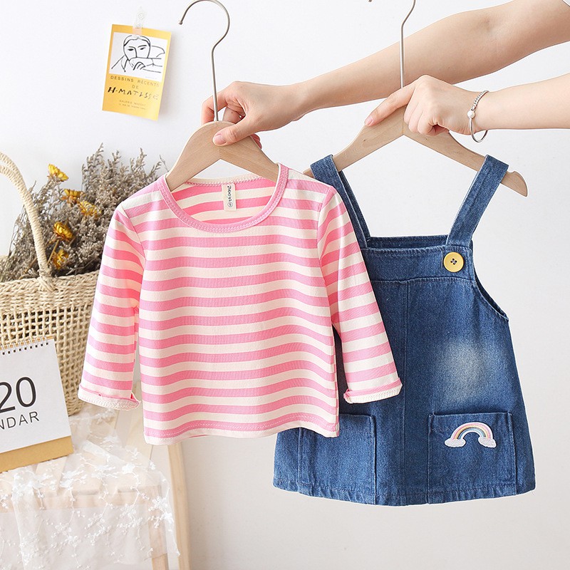 HappyOliver OVERALL SALUR DENIM RAINBOW 5882 EBV baju anak perempuan import 2in1 motif lucu