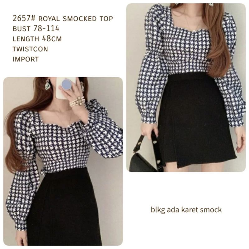 MDLV ~ 2657# Royal Smocked Top Atasan Blouse Houndstooth Fashion Import