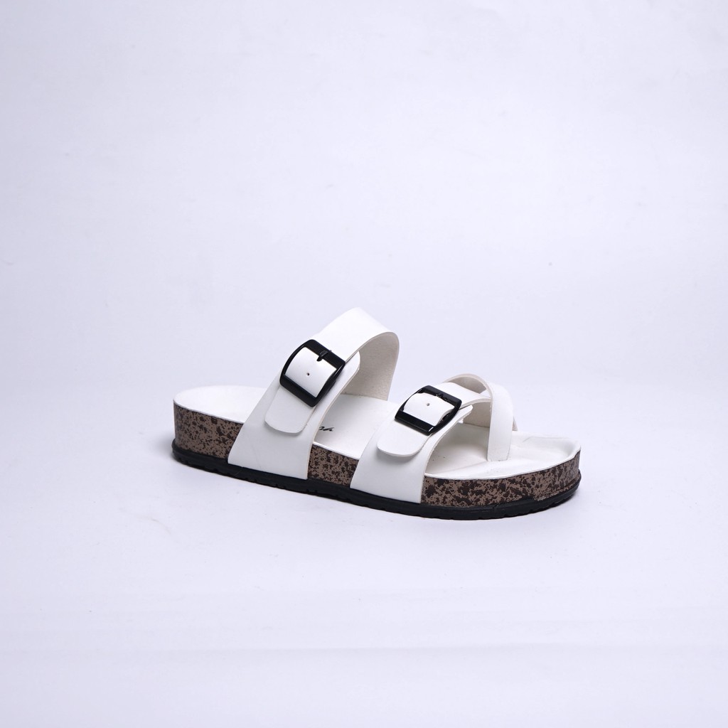 Sara Sara KELLY Sandal wanita casual sandal slop kulit sol puyuh kekinian  birken ban dua  silang-White