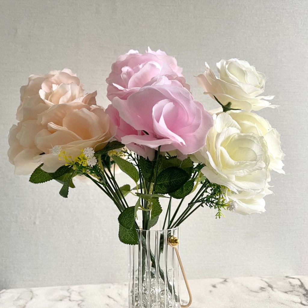 7 TANGKAI BUNGA ARTIFICIAL ROSE MAWAR PLASTIK MURAH PREMIUM DEKORASI