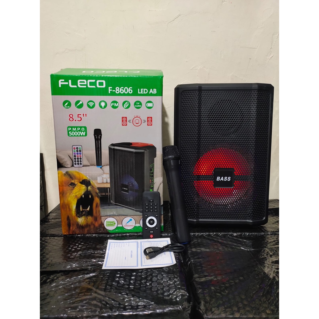 COD SPRAKER BLUETOOTH FLECO F-8606 LED AB 8'5 INCH PLUS MIC WIRELESS //SPEAKER KARAOKE FM/USB/TF CAR