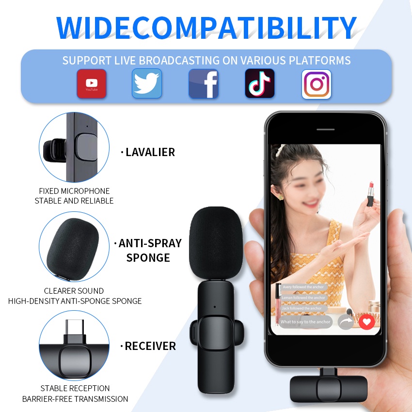 FEINODI 2.4Ghz wireless Lavalier microphonoe,Bluetooth wireless Lapel Mic Rechargeable Transmitter and Receiver for iPhone/DSLR Camera/smartphones/Laptop Support Vlog /video recording/TikTok Live Stream/Youtube/Facebook