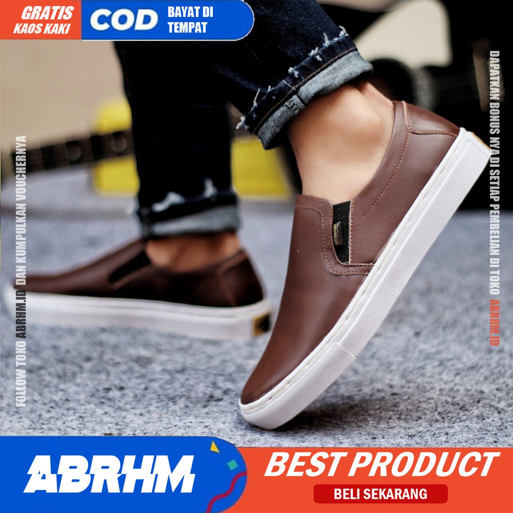 ABRHM- MORI Sepatu Slip On pria Sepatu Casual Pria Sepatu Pria Casual Kulit Asli Cowo/Cowok Ori Sepatu Kasual Sneakers Kets Gaya Santai Keren Kekinian Murah Terlaris