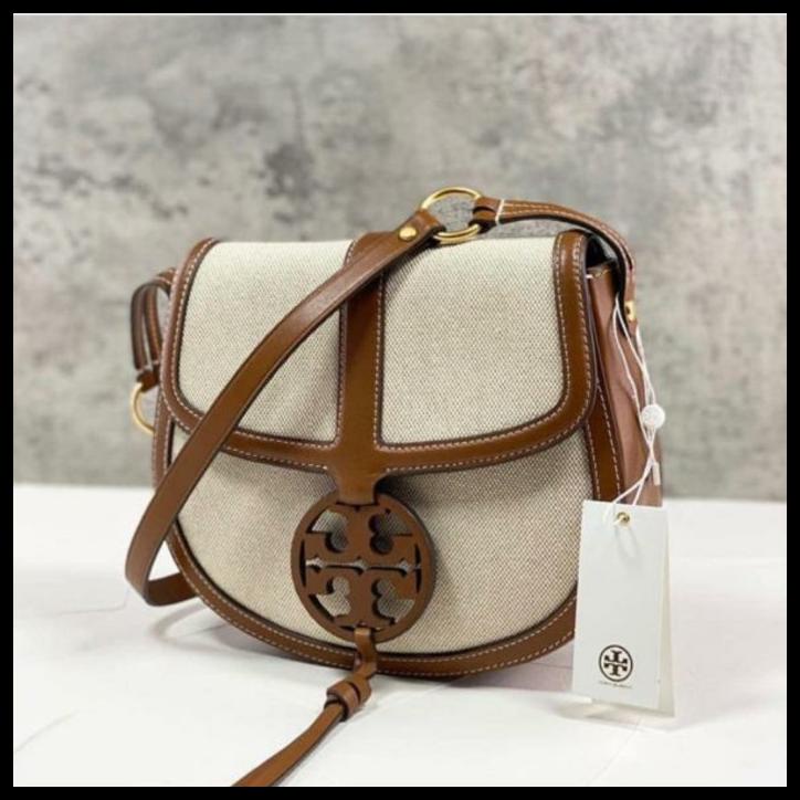 Bag Canvas - Tas Tory Burch Original / Tb Miller Canvas Quadrant Saddle Bag Cuoio