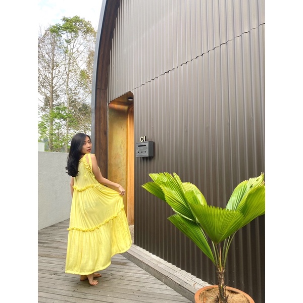 long ruffled summer dress in yellow