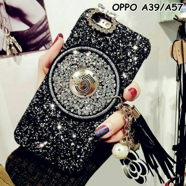 CASING HP UNTUK OPPO A39/A57 - ELEGANT GLAM CHANELLLL BLING GLITTER TASSEL HARD CASE