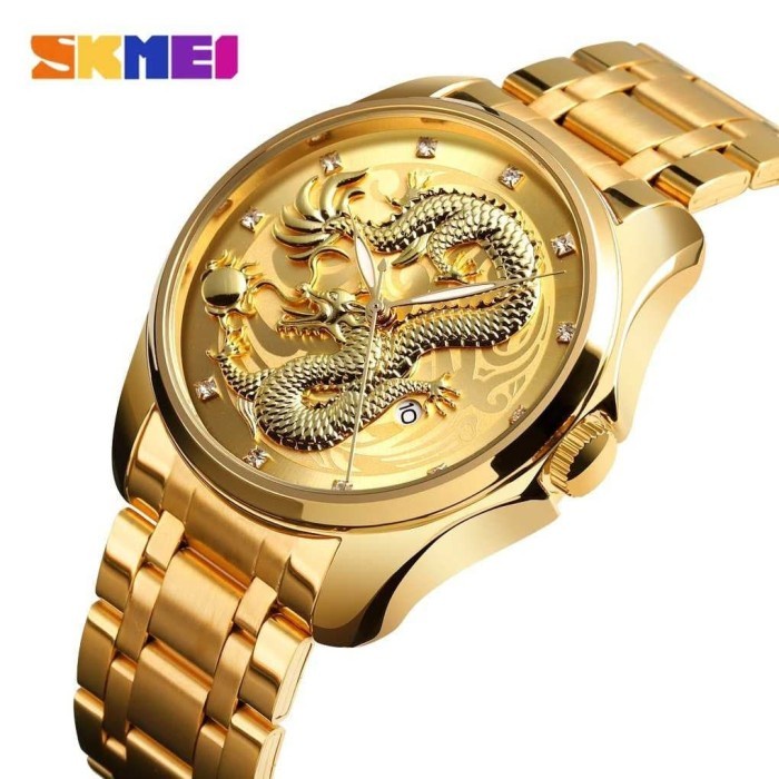 Jam Tangan Pria Analog Original SKMEI 9193 Naga Anti Air Gold Gold