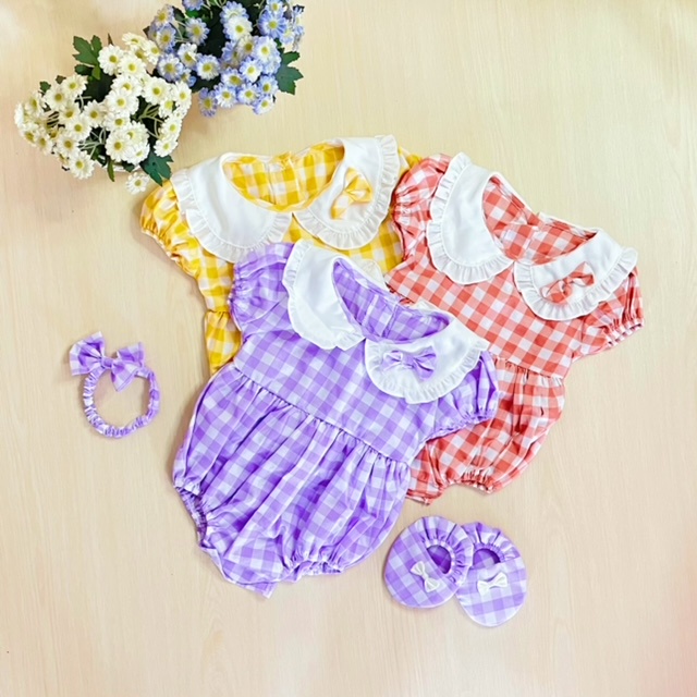 Jumper Fashion Bayi Kotak-Kotak Set Sepatu dan Bando Murah Meriah