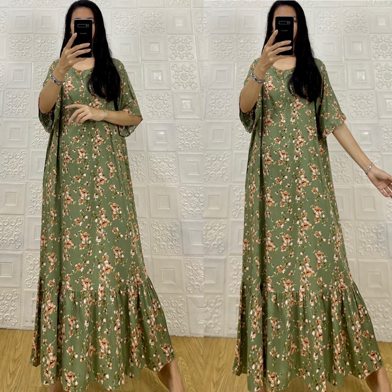 daster MONA tangan 3/4 PB 130cm /daster panjang rempel tangan 3/4  JUMBO premium sleting /busui/rempel tangan 3/4/ tangan pendek/ tali grosir ecer SEMATA KAKI RAYON-Mona flower hijau