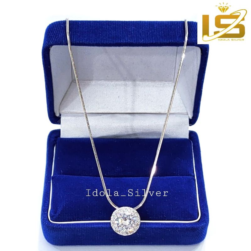 KALUNG PERAK ASLI SILVER WANITA 925 LAPIS EMAS PUTIH MODEL LIONTIN BULAT PERMATA DIAMOND KELILING - PERHIASAN PERAK WANITA ASLI