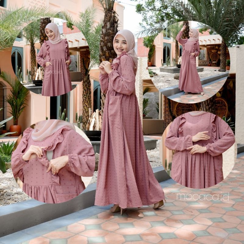 Dress busui friendly Viral Urigiri Uragiri Hitam pink Abu Navy gamis modern lengan kerut renda ada saku