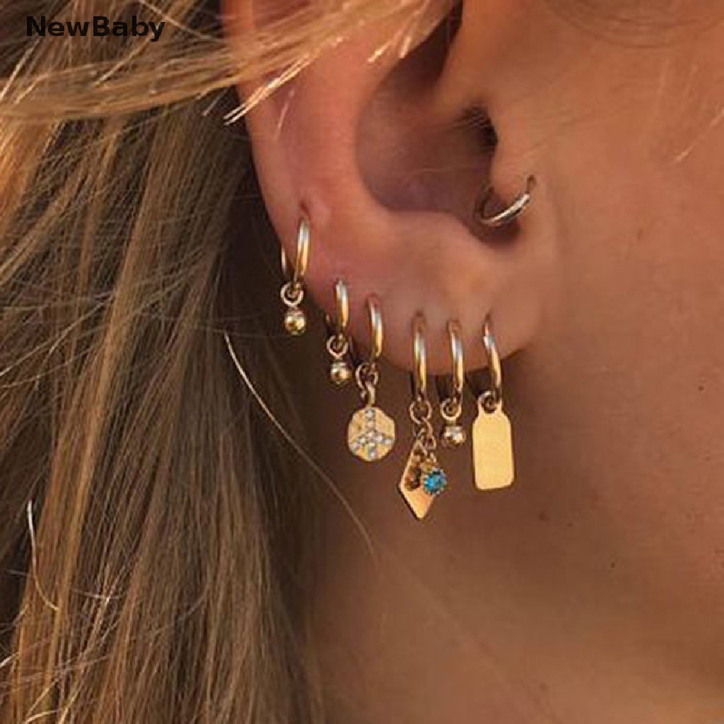 7pcs / Set Anting Tusuk Gantung Desain Geometri Hias Kristal Warna Gold Gaya Punk Untuk Wanita