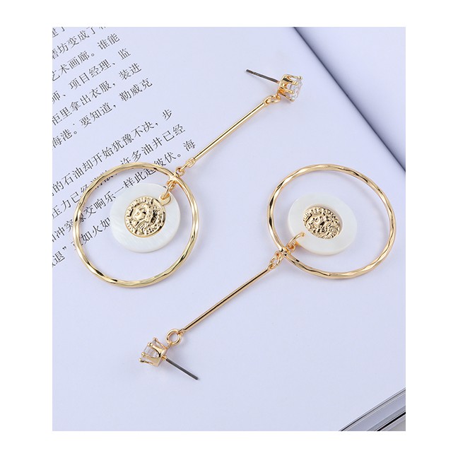 LRC Anting Tusuk Fashion Real Gold Alloy Shell Rhinestone Round Earrings F79759