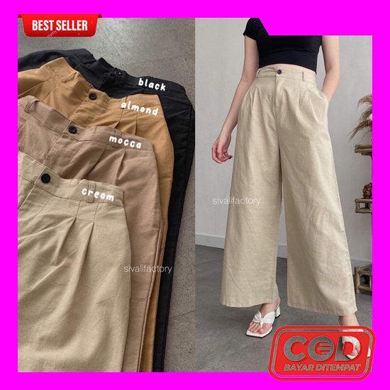 Celana Kain Wanita Melar Model Murah Kulot Panjang Dewasa St Tr923 Str Kulot Linen Highwaist 772 - C