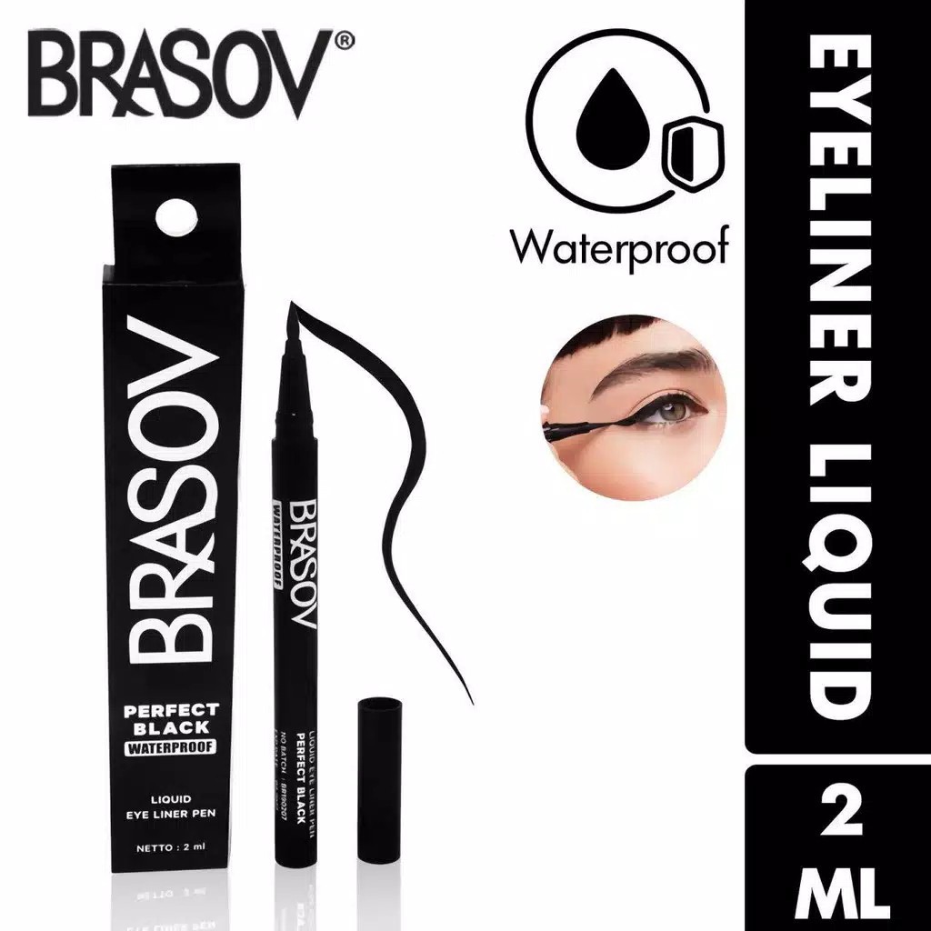 BRASOV Eyeliner Pencil 1.1 gr Halal Waterproof || BRASOV Pulpen Eyeliner Netto 2 ML Perfect Black Waterproof Liquid Eye Liner Pen XX-CT Hitam