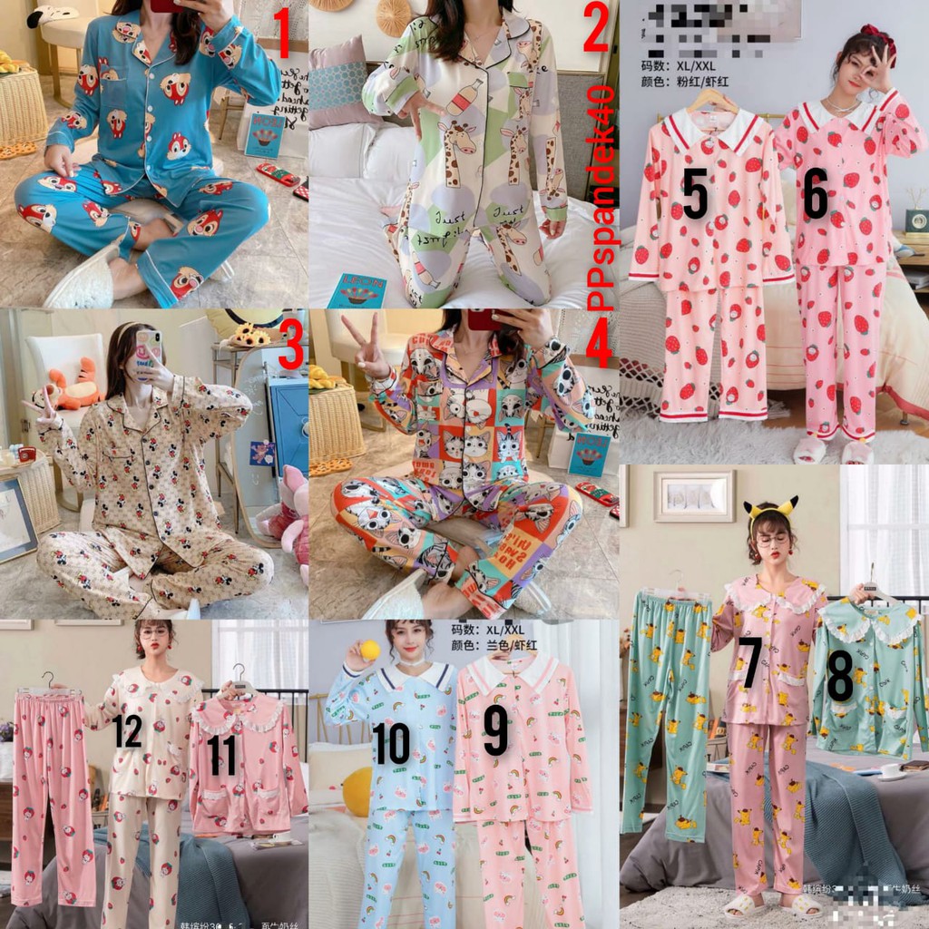 Baju tidur piyama bahan spandek import lengan panjang celana panjang PPkaos4o